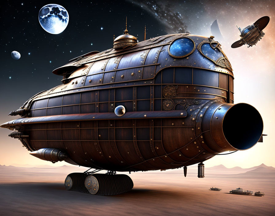 Intricate Steampunk-style Spaceship Lands on Barren Planet