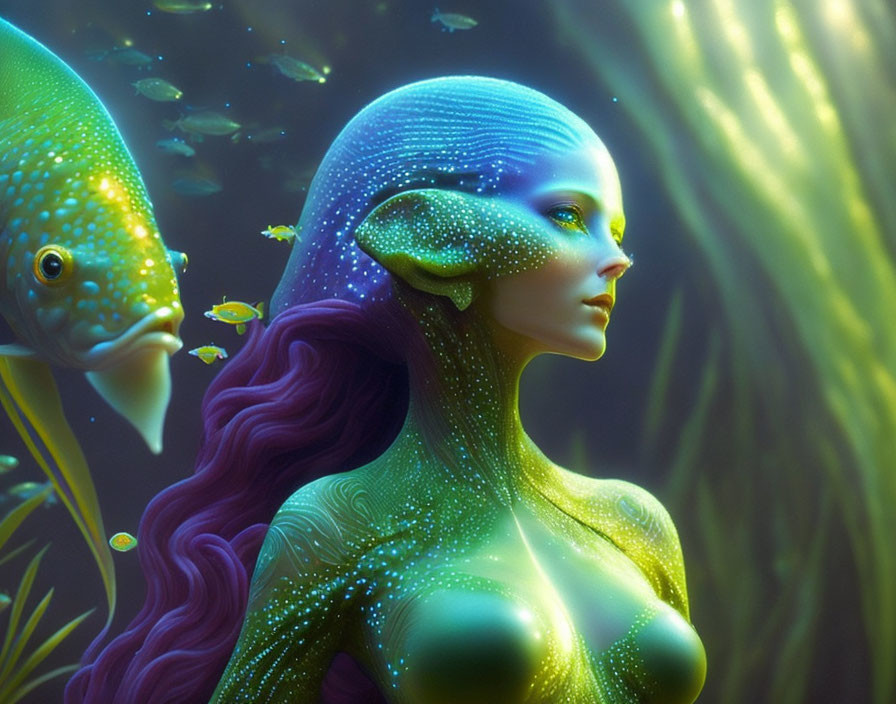 Vibrant underwater scene with female figure and fish-like features