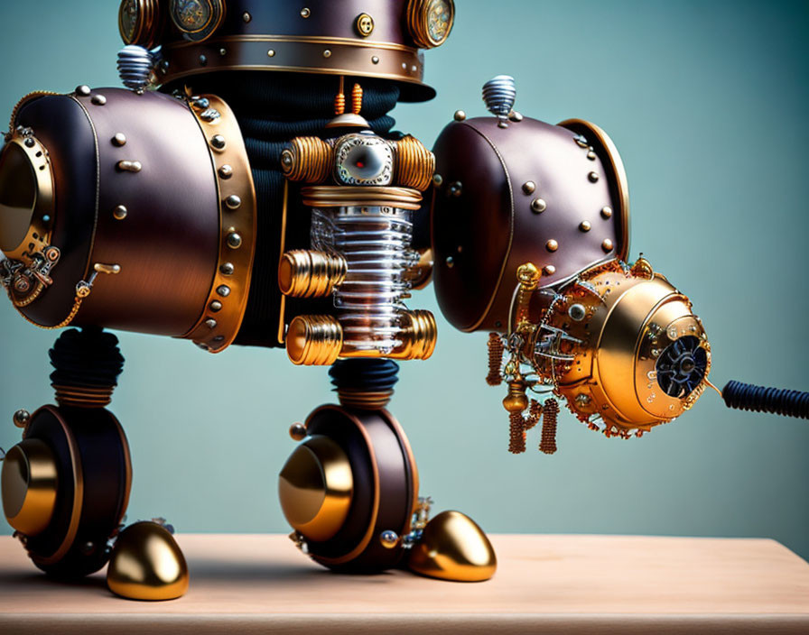 Steampunk-style robots with metallic bodies and intricate gears on a teal background