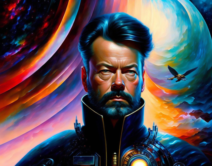 Futuristic bearded man portrait in cosmic setting with bird.