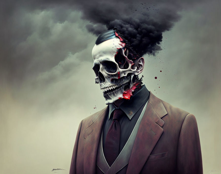 Surreal artwork: skeleton with human face in suit, emitting smoke