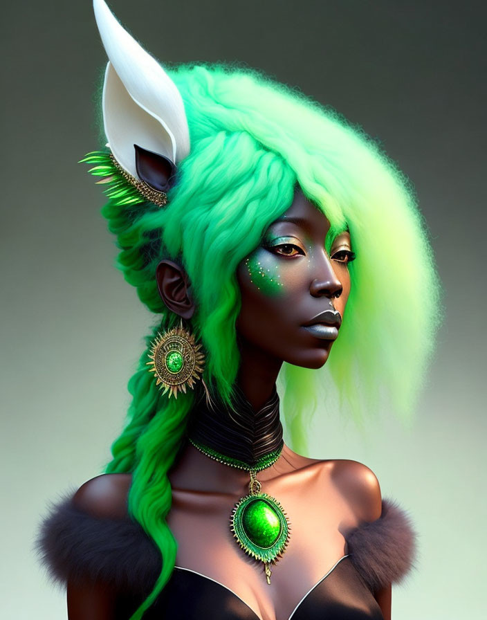 Fantasy-themed digital artwork of a woman with green hair and elf-like ears