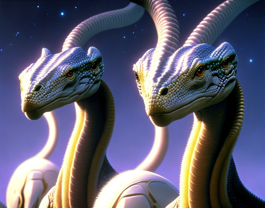 Three humanoid-faced snake creatures under starry night sky.