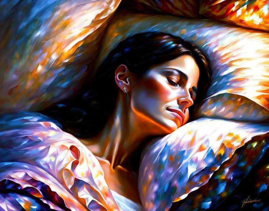 Colorful painting of woman with dark hair resting on pillow