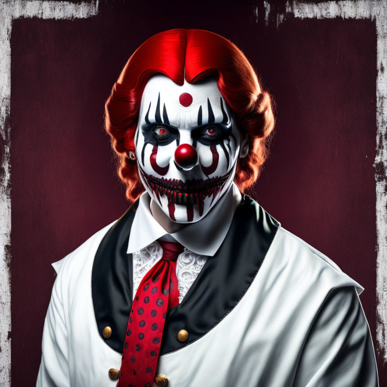 Menacing clown with white, red, and black face paint on grungy red backdrop