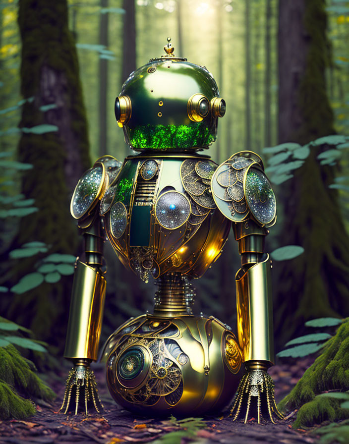 Steampunk-style robot in brass and gold in sunlit forest