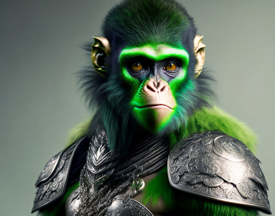 Monkey in ornate armor with human-like eyes - wildlife and warrior fantasy