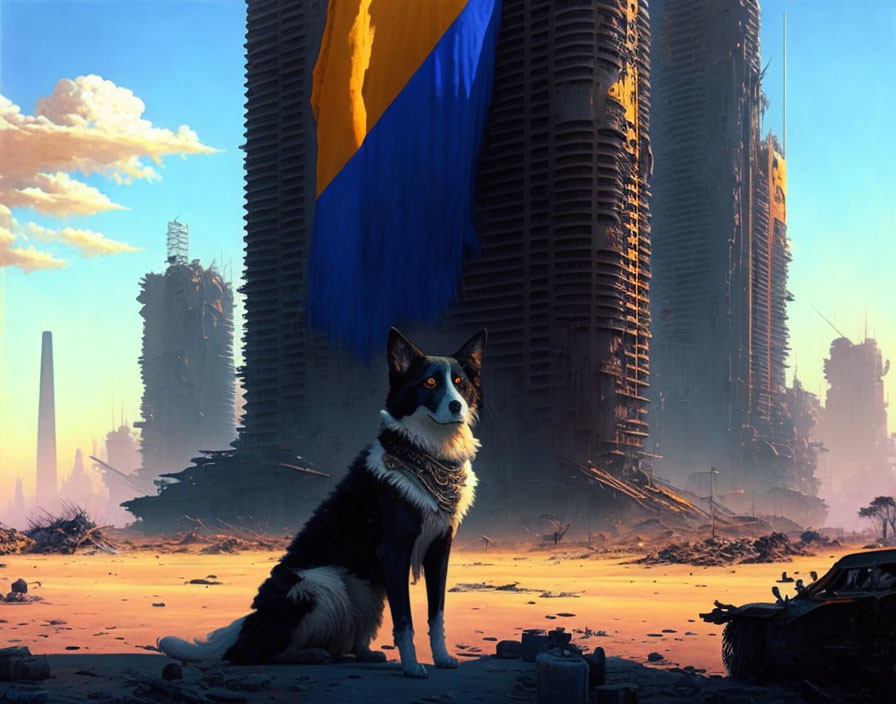 Black and white dog in apocalyptic landscape with flag and skyscrapers