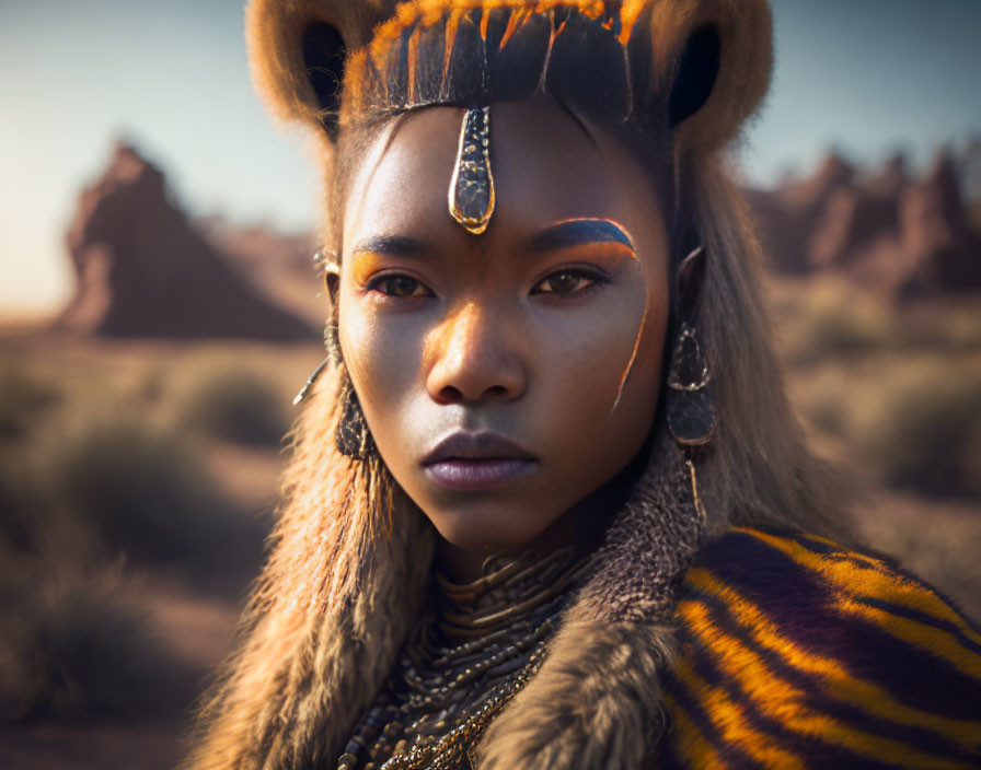 Woman with tribal makeup and headdress in desert landscape