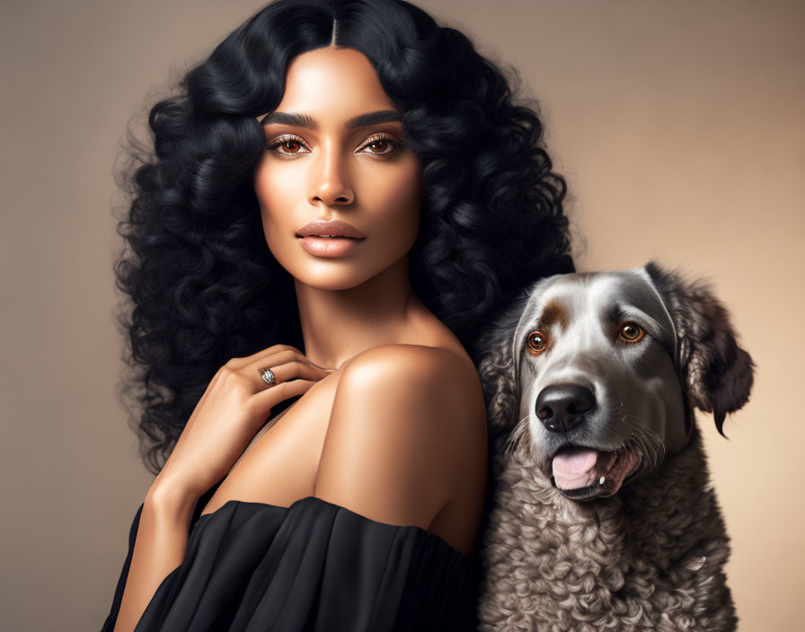 Curly-Haired Woman Poses with Grey Dog on Beige Background