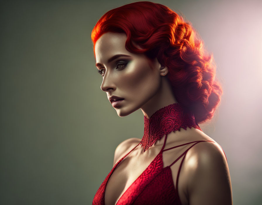 Red-haired woman in elegant waves and lace choker gazes sideways.