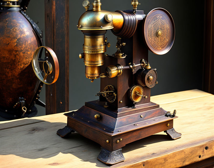 Vintage Brass Microscope on Wooden Desk with Brass-Framed Object