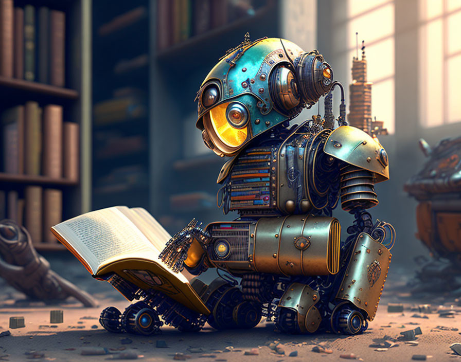 Whimsical robot reading book in room of scattered books