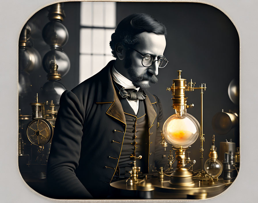 Man with Beard and Round Glasses Surrounded by Vintage Scientific Instruments