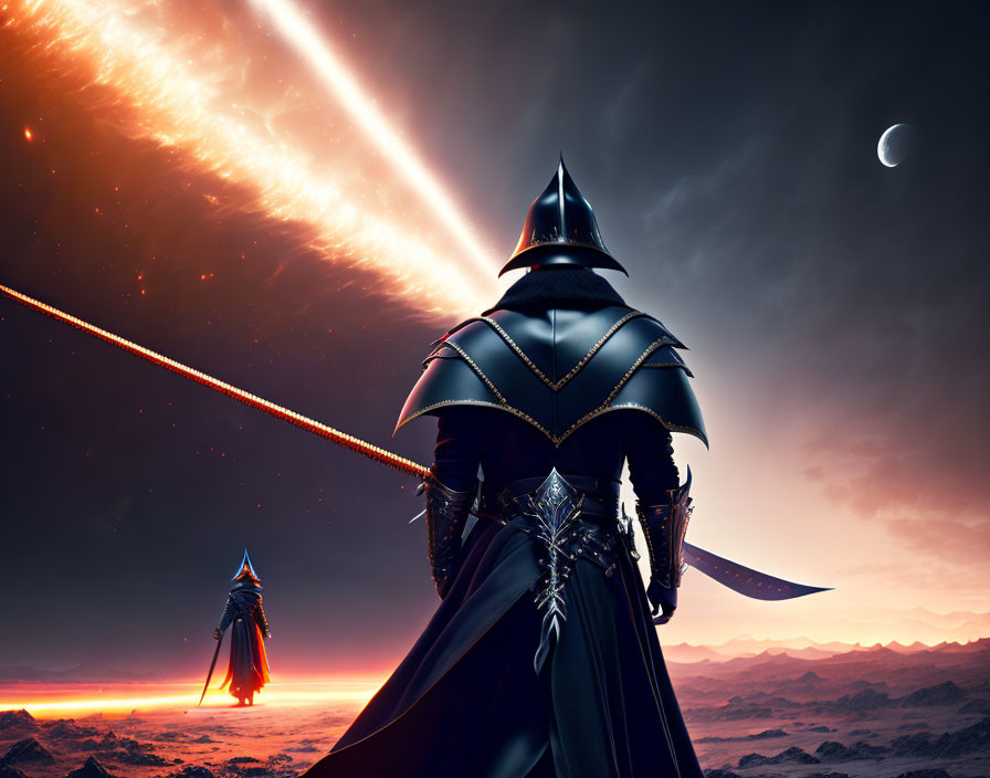 Black-armored knight faces distant figure in fiery sky landscape