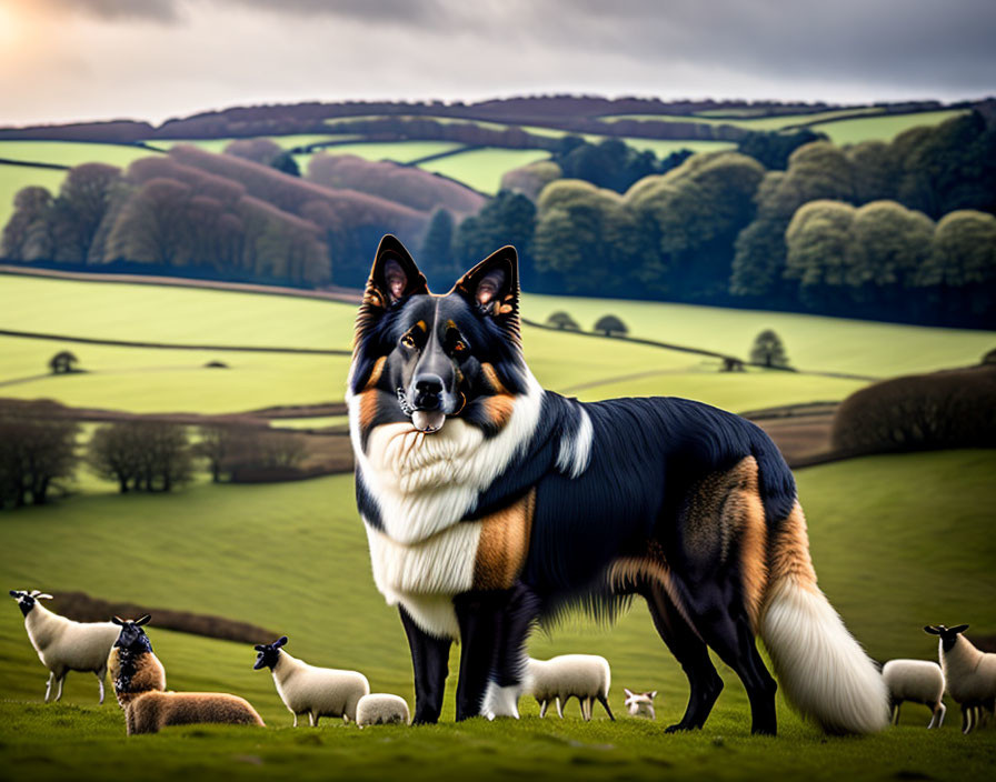 Giant dog among flock of sheep in lush countryside