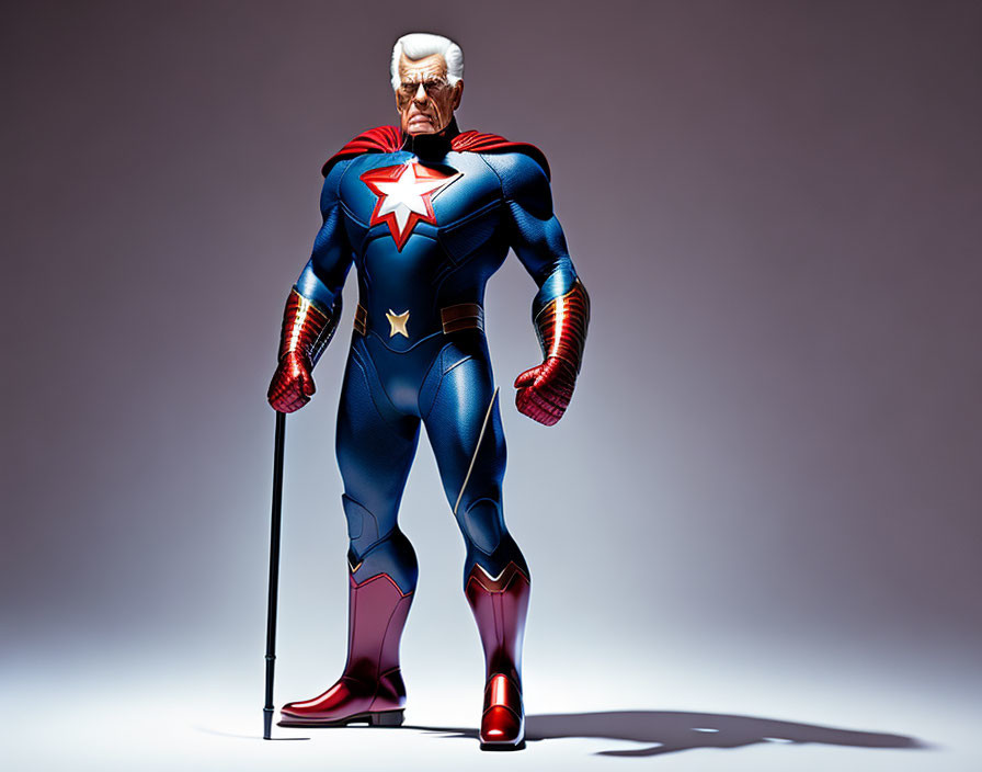 Elderly superhero in blue and red costume with star emblem and cane