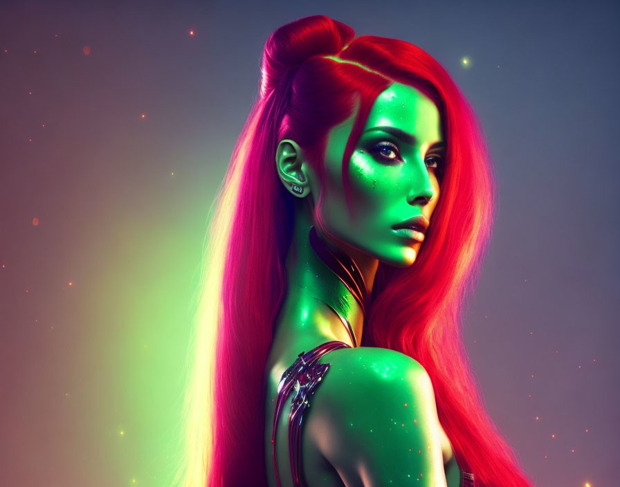 Vibrant portrait of woman with red hair and green skin in cosmic setting