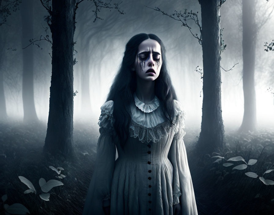 Pale woman with dark eye makeup in misty forest wearing vintage dress