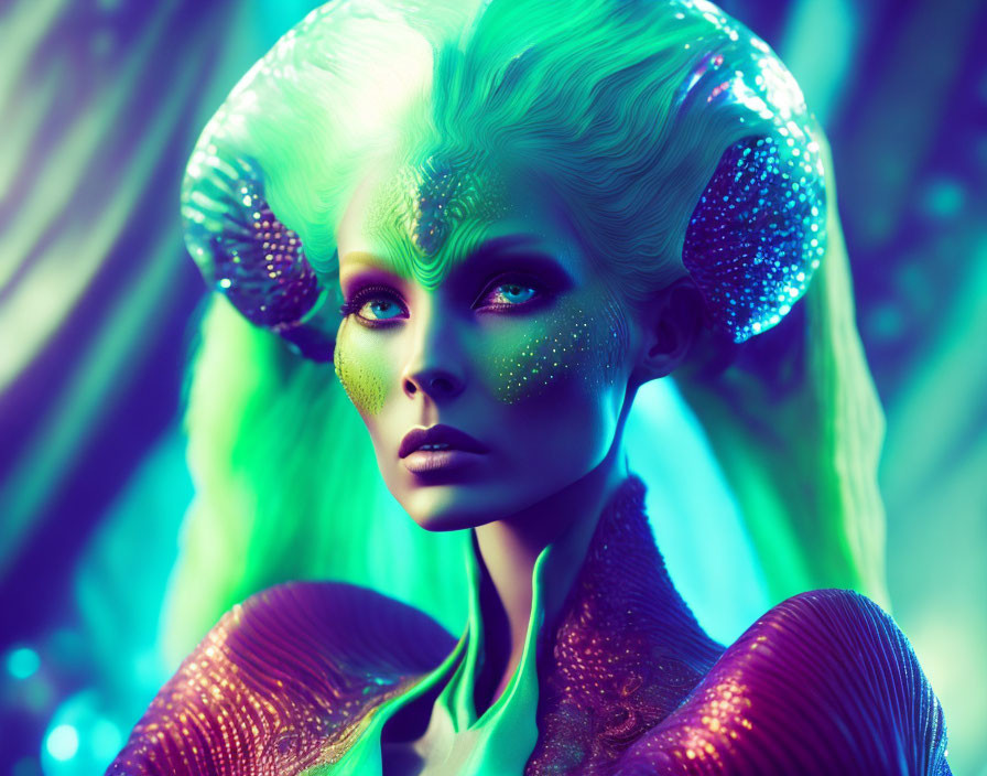 Fantasy alien female with luminescent green skin and sparkling eyes