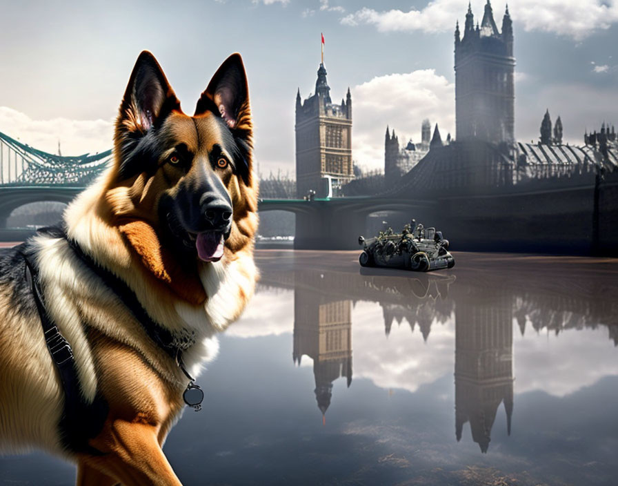 German Shepherd with London cityscape and Big Ben by Thames River