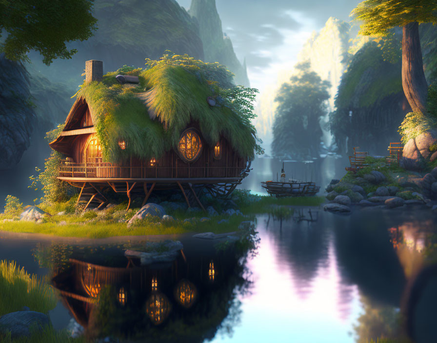 Round Thatched Cottage on Stilts by Tranquil River at Dawn or Dusk