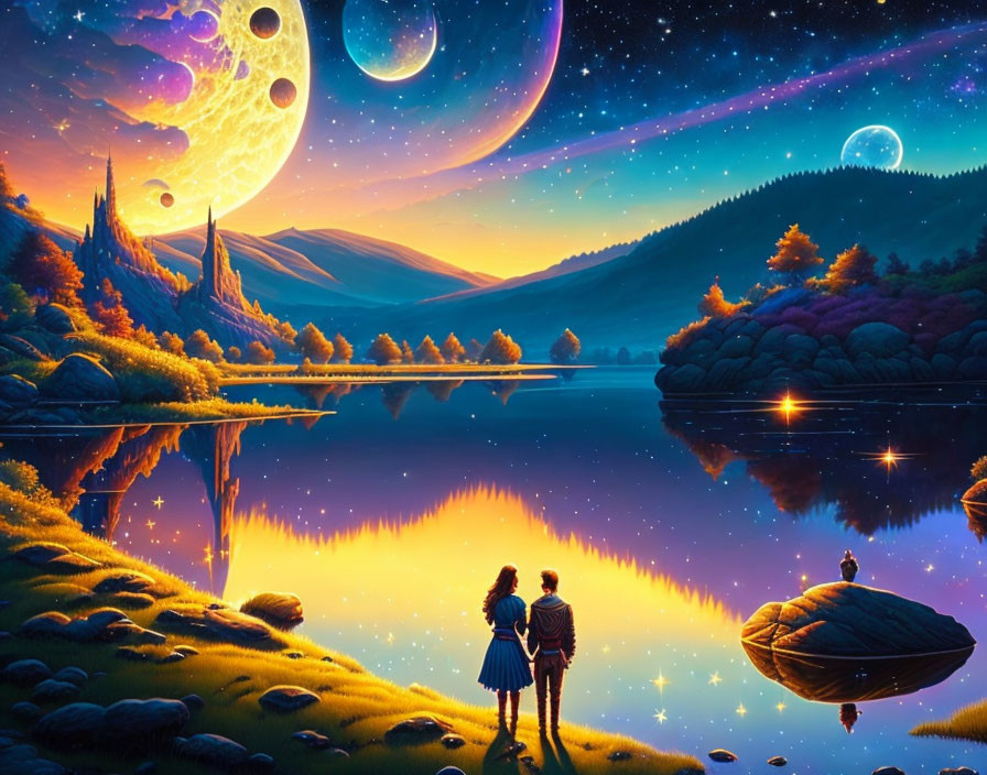 Two people by lakeside admire oversized moons and luminous sky.