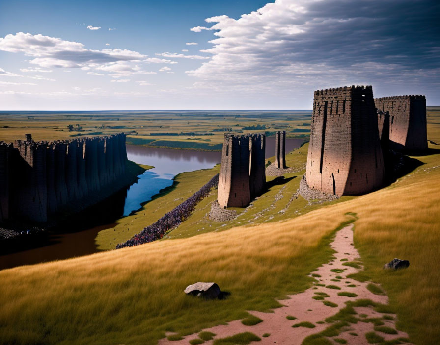 Medieval castle with cylindrical towers in grassy landscape