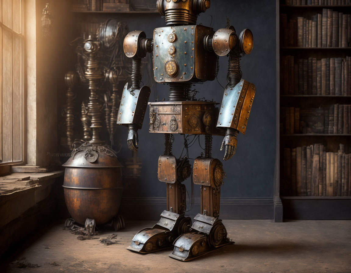 Metal Vintage-Style Robot in Old Library with Books and Globe