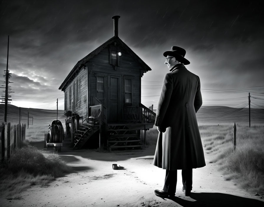 Person in long coat and hat gazes at isolated wooden house under cloudy sky