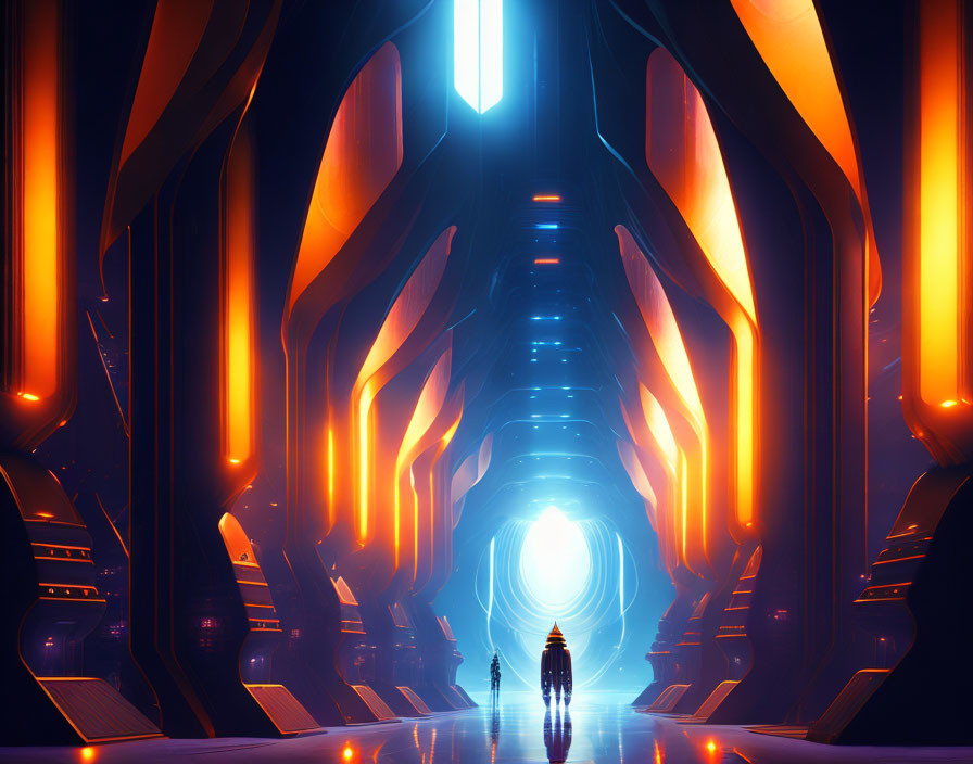 Futuristic corridor with blue and orange lights, three silhouetted figures facing a luminous