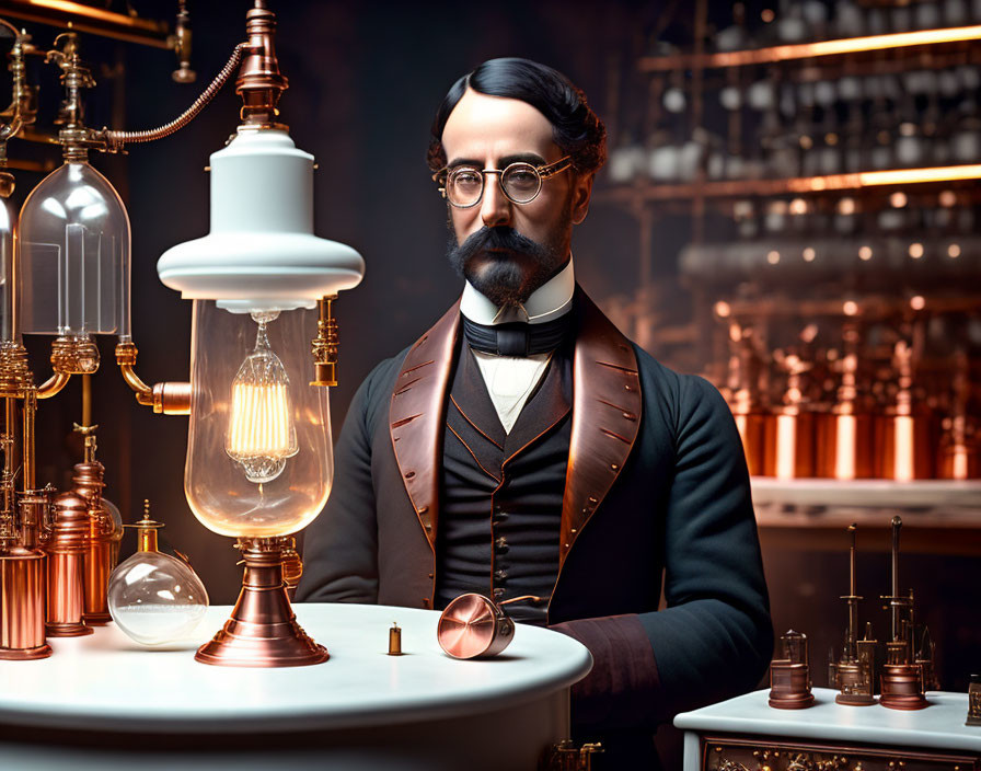 Vintage suit gentleman with mustache in laboratory with incandescent bulb & brass instruments