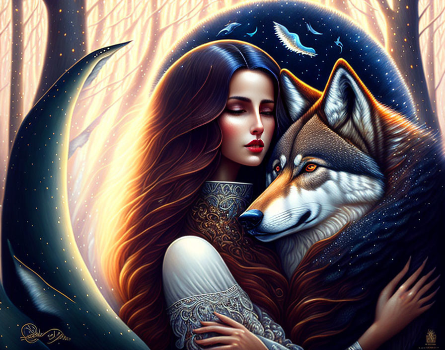 Mystical artwork: Woman with red hair embracing wolf in forest with crescent moon