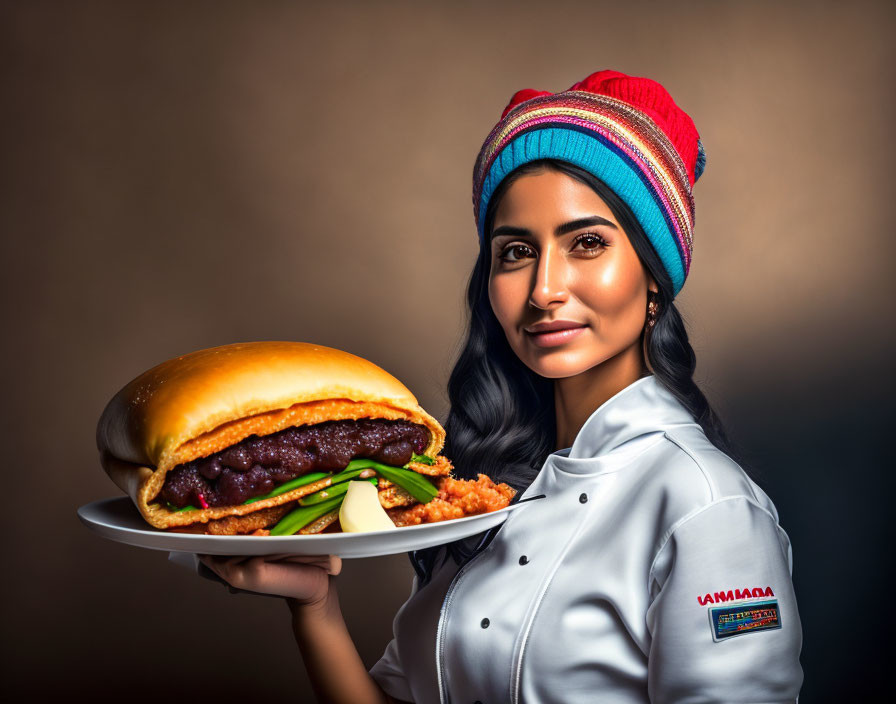 Female Chef in Colorful Beanie Displays Gourmet Burger