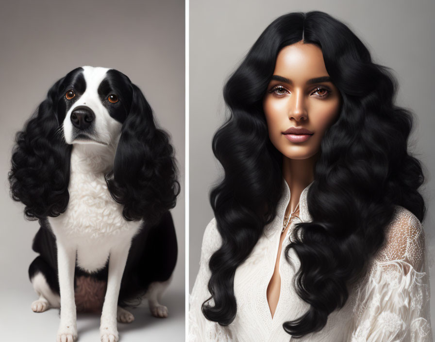 Black and white dog and woman with matching wavy hair portrait.