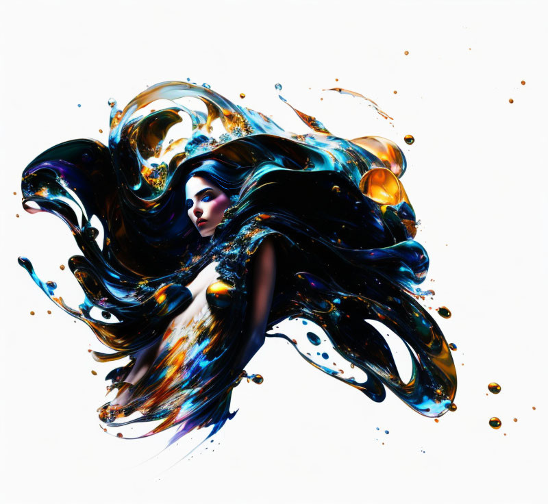 Abstract art: Woman's flowing hair blends with vibrant paint swirls