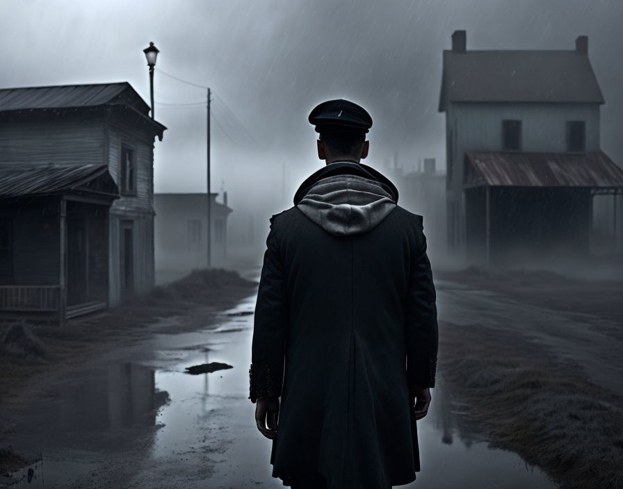 Man in coat and cap on misty, old-fashioned street with wooden buildings and eerie atmosphere