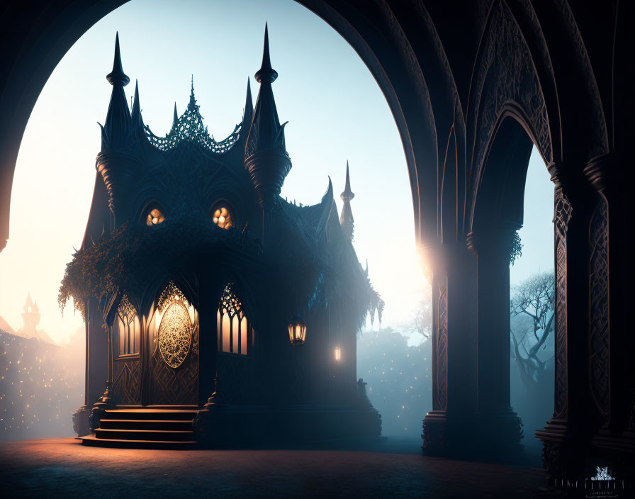 Elaborate Gothic architecture scene with mystical fog at dusk