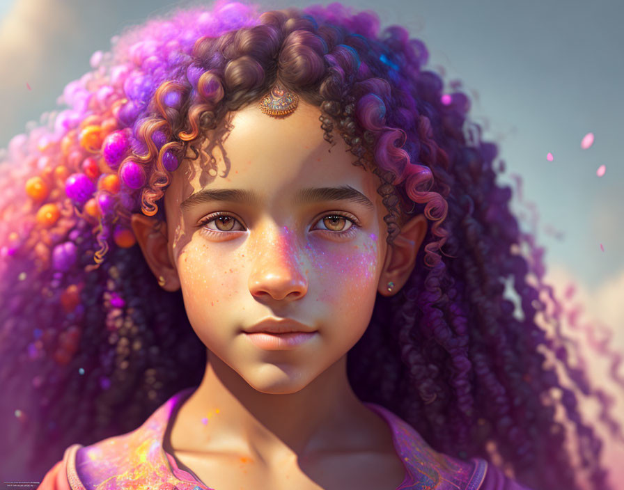 Young girl portrait with curly purple hair and forehead gem under soft light