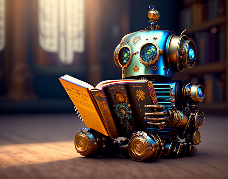 Steampunk-style robot reading book in cozy library