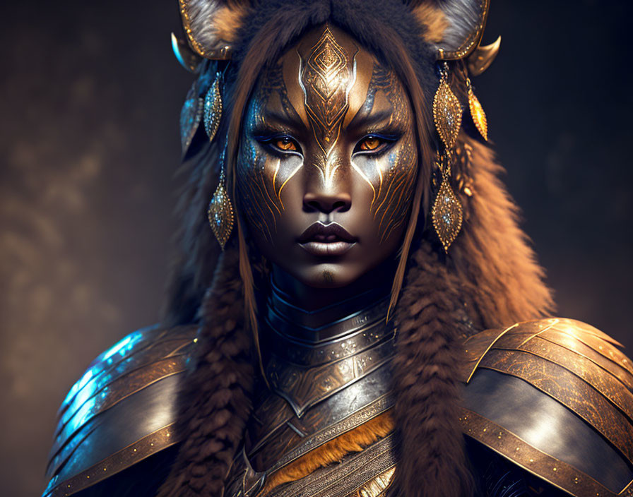 Golden-armored lioness warrior in majestic fantasy art