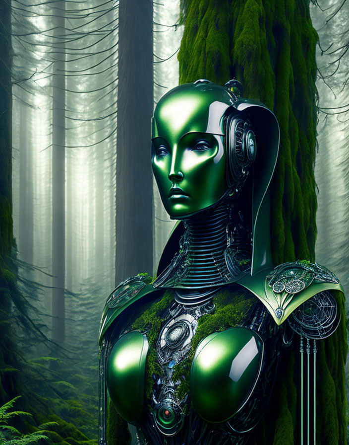 Detailed Female Android in Futuristic Green Forest