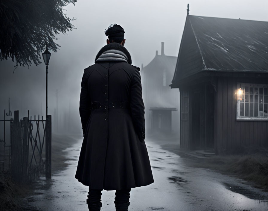 Mysterious figure in black coat at foggy path by old wooden house