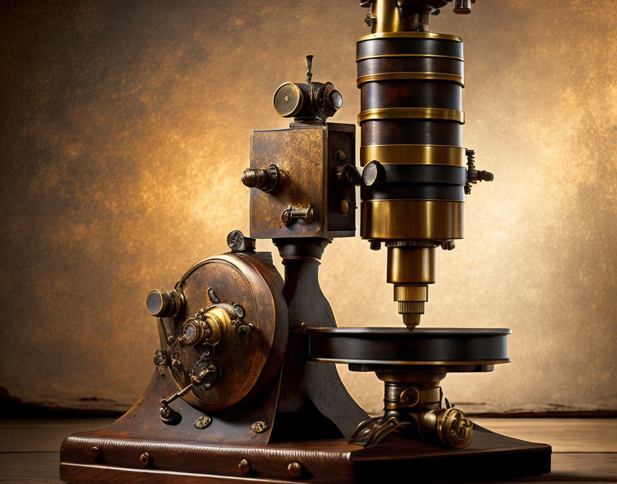 Vintage Metal Microscope on Wooden Base Against Warm Golden Background