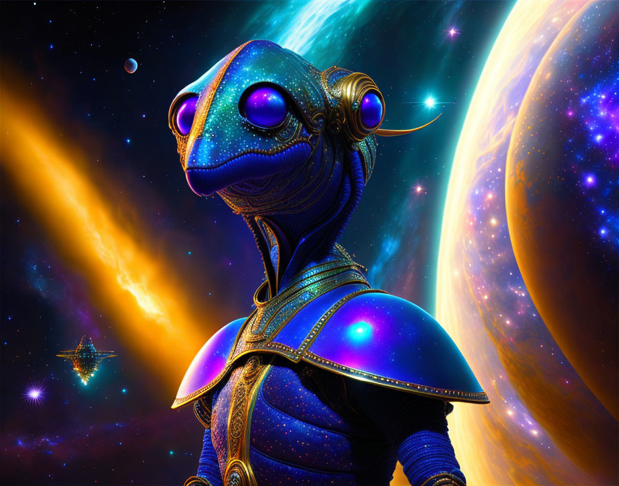 Colorful digital artwork: Alien with cosmic skin in blue armor before swirling galaxy