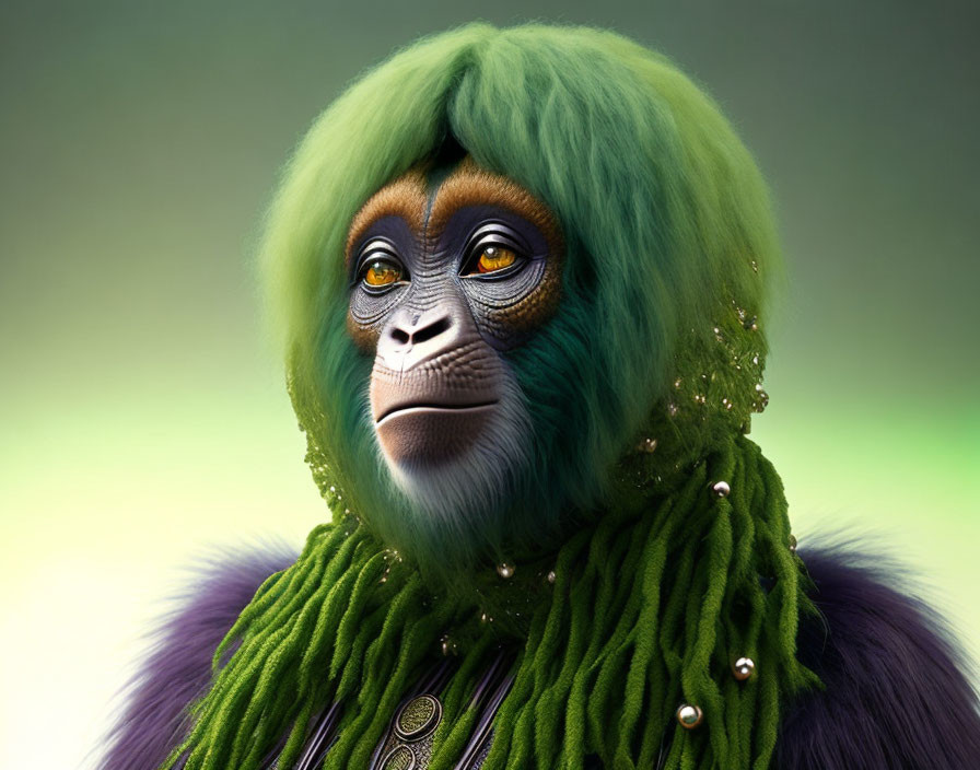 Digitally created monkey in green outfit with pearly adornments