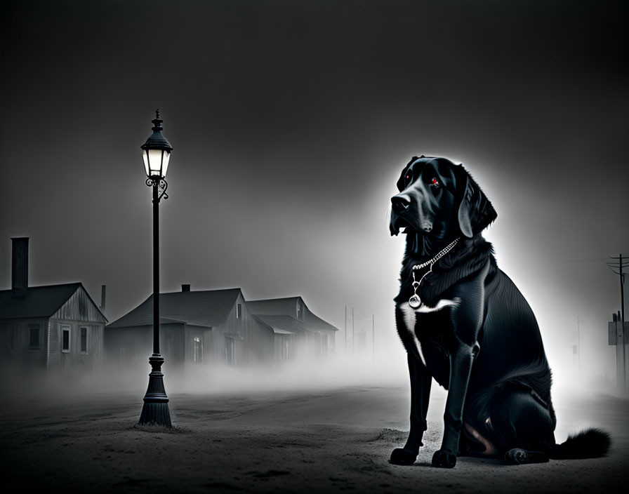 Black Dog with Collar Sitting Near Street Lamp on Foggy Street