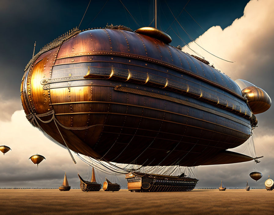 Retro-futuristic airship in cloudy sky with smaller balloon crafts