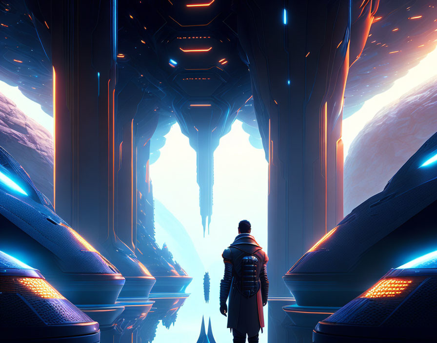 Futuristic corridor scene with glowing blue lights and otherworldly landscape