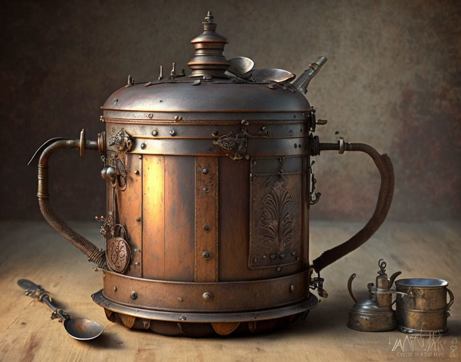 Vintage Steampunk-Style Coffee Maker with Metalwork, Pipes, Pressure Gauge, Spoon, and